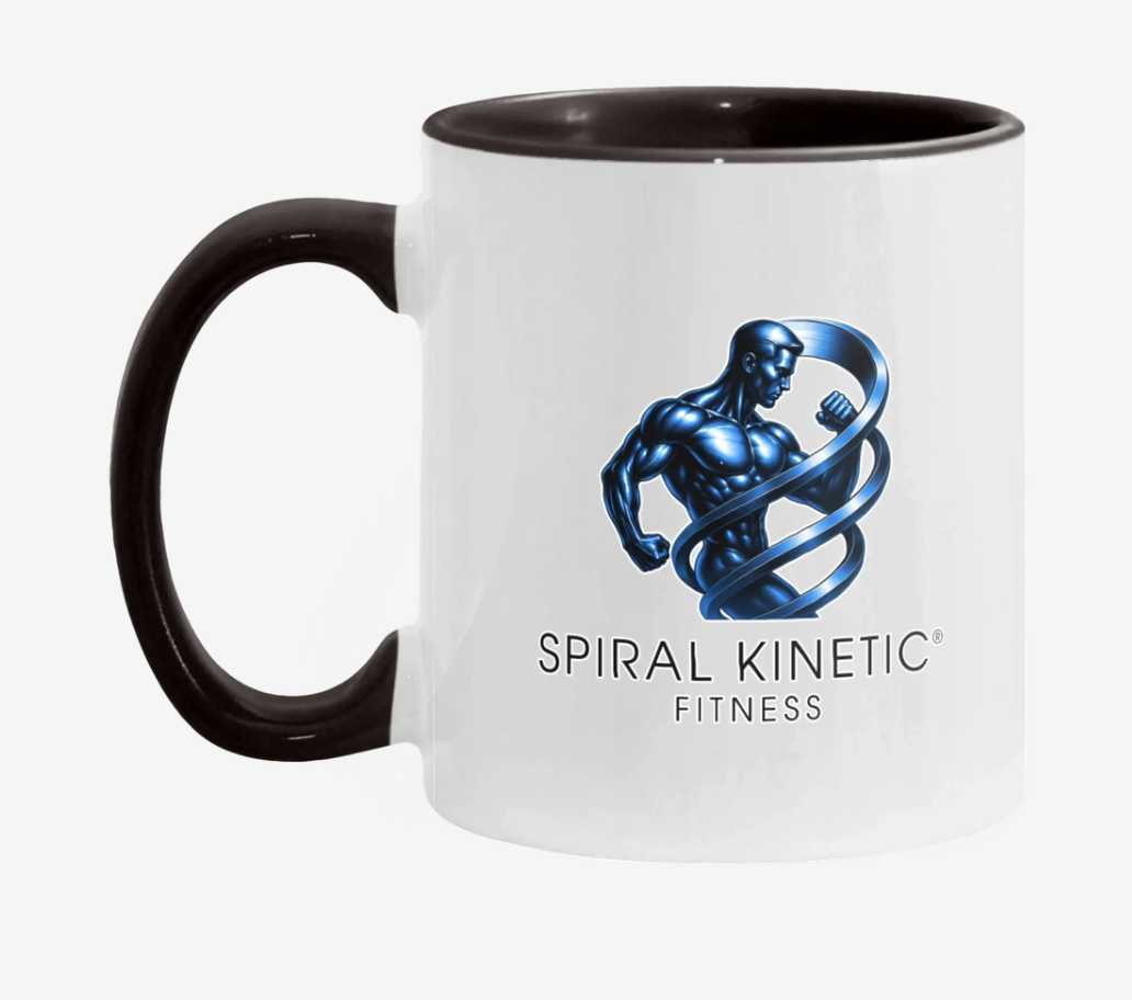 Two-tone ceramic mug printed with the Spiral Kinetic® Fitness spiral figure