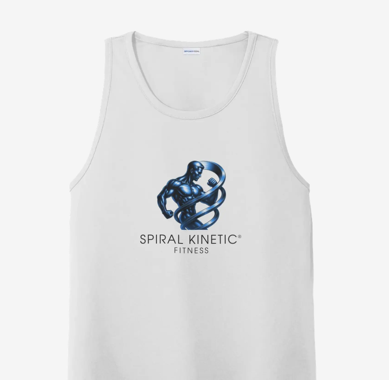 White sleeveless training top printed with the Spiral Kinetic® Fitness spiral figure