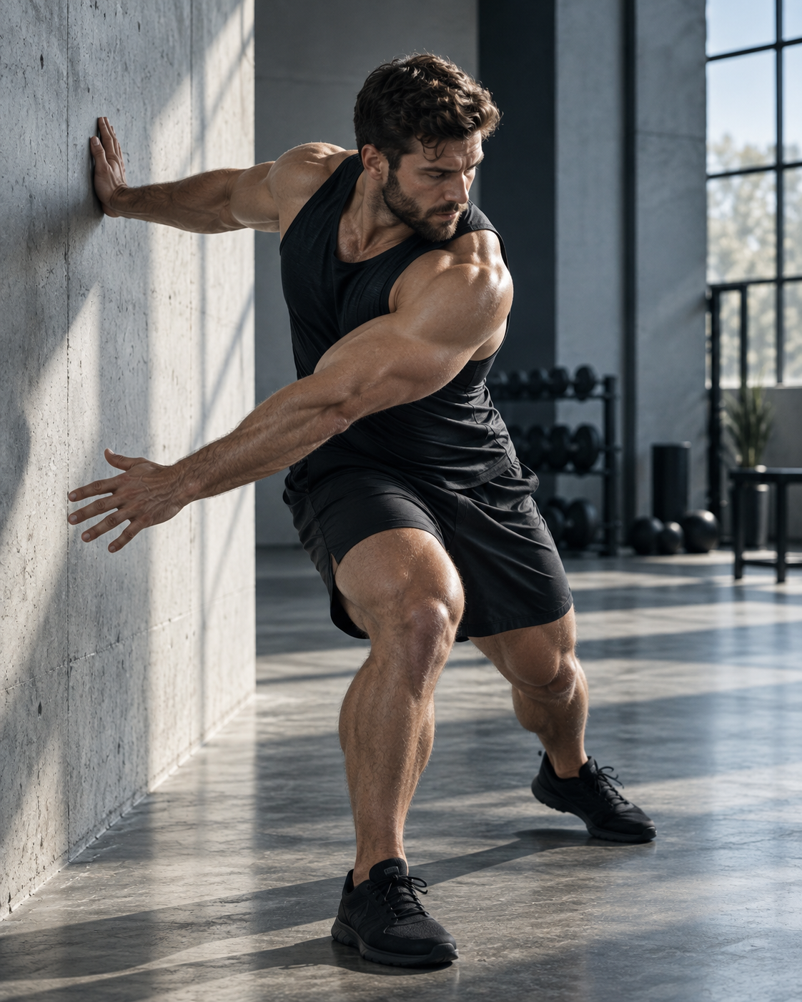 An athlete leaning into a wall-braced stretch, torso rotated open
