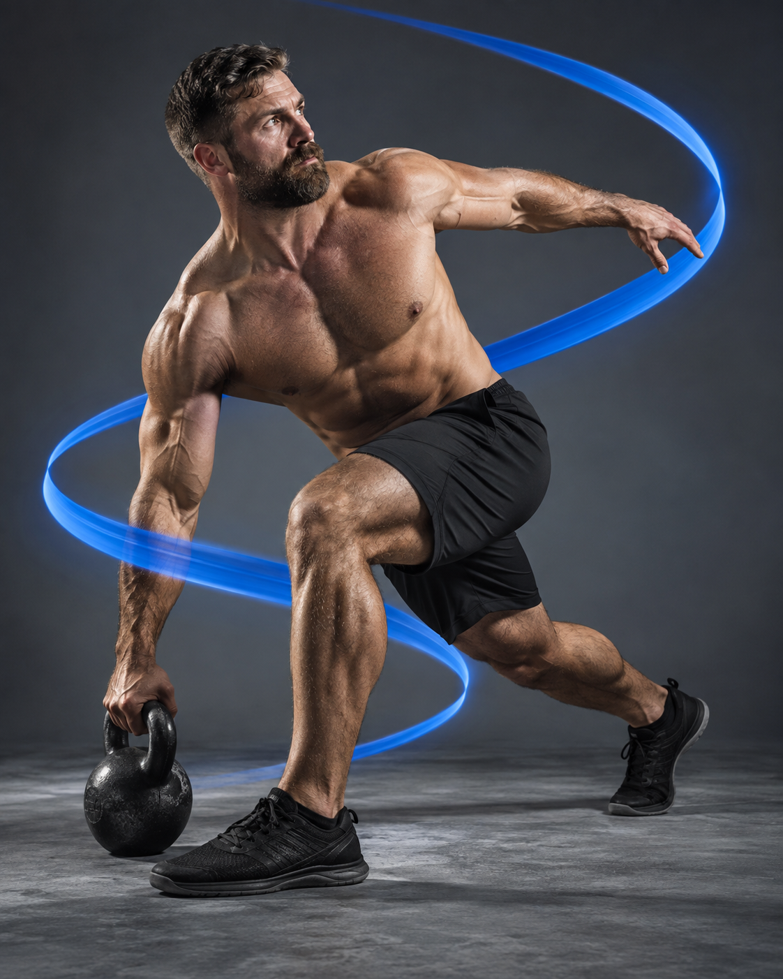 An athlete driving out of a loaded kettlebell lunge, torso coiled against the weight