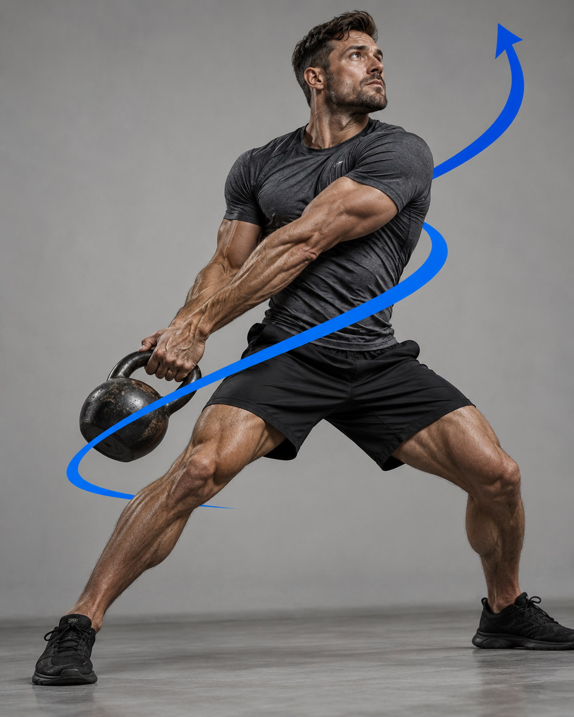 An athlete driving a kettlebell upward through a wide lunge, torso rotating with the lift