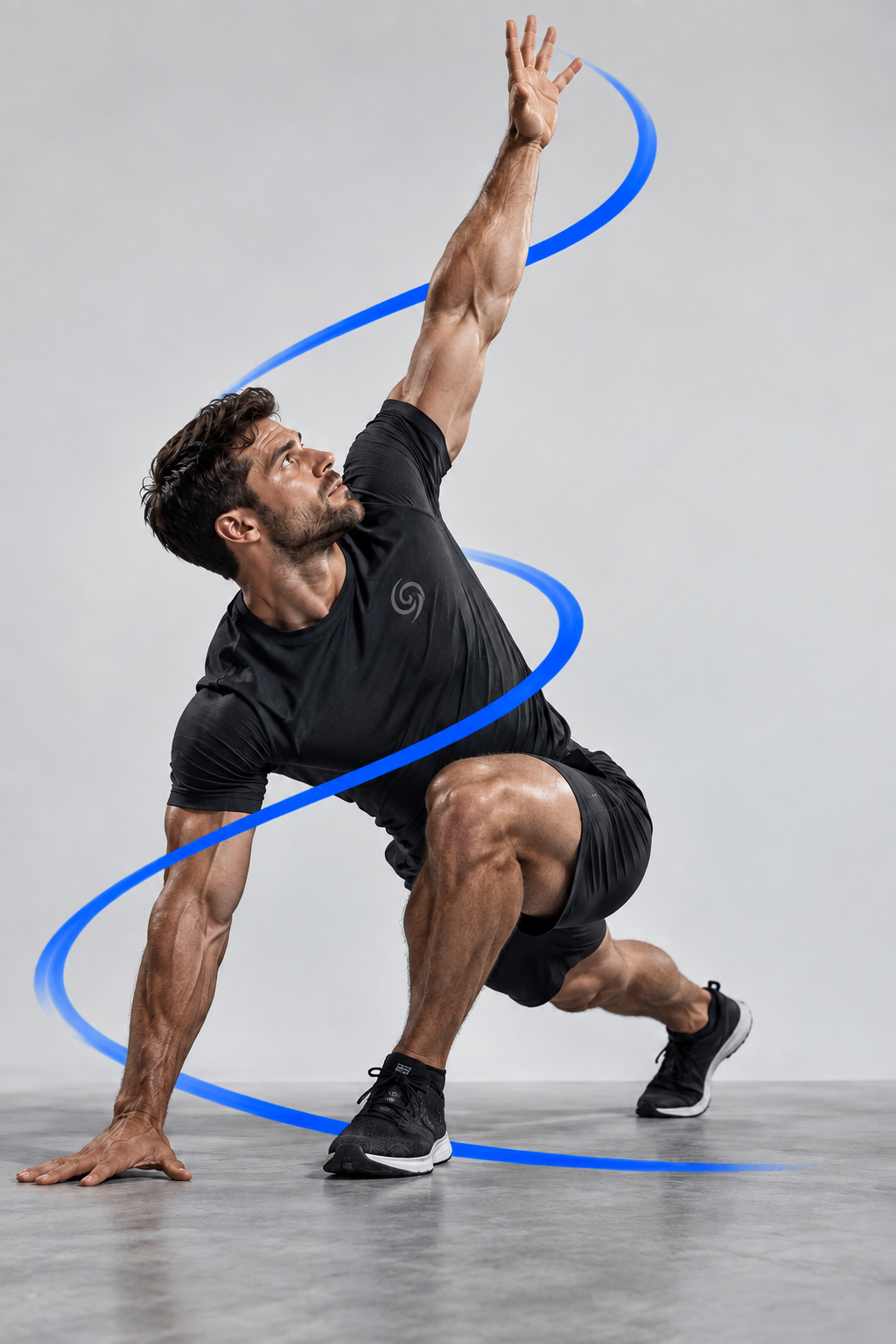 An athlete lunging low with one arm reaching straight overhead