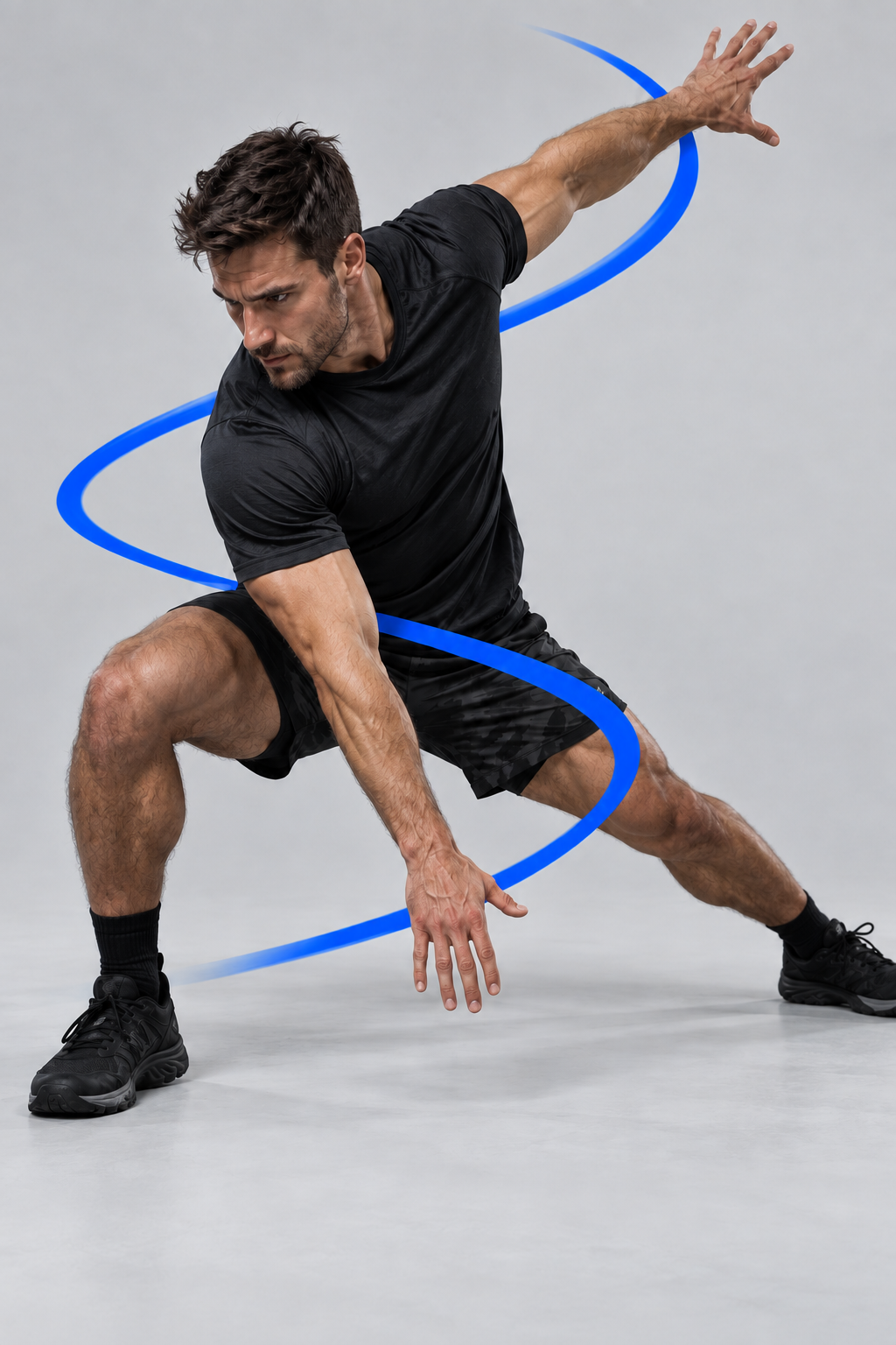 An athlete lunging wide with one arm reaching down and one arm extended back