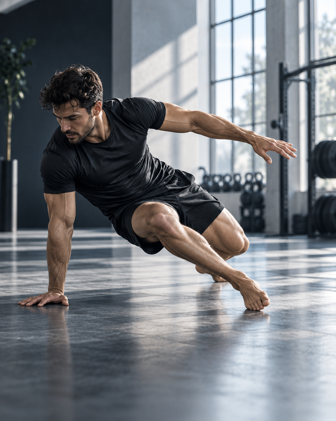 An athlete pivoting low, one hand and one foot grounded, reaching wide through the turn