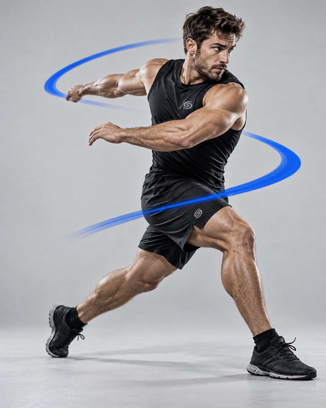 An athlete driving through a low lunge, torso rotating against the movement