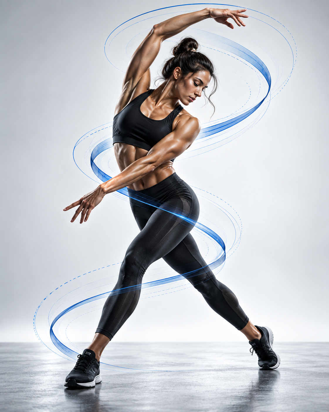 An athlete travelling low through a curved stance, one arm sweeping overhead