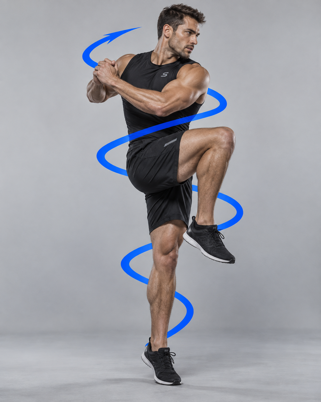 An athlete driving a high knee across the body in a rotational direction change