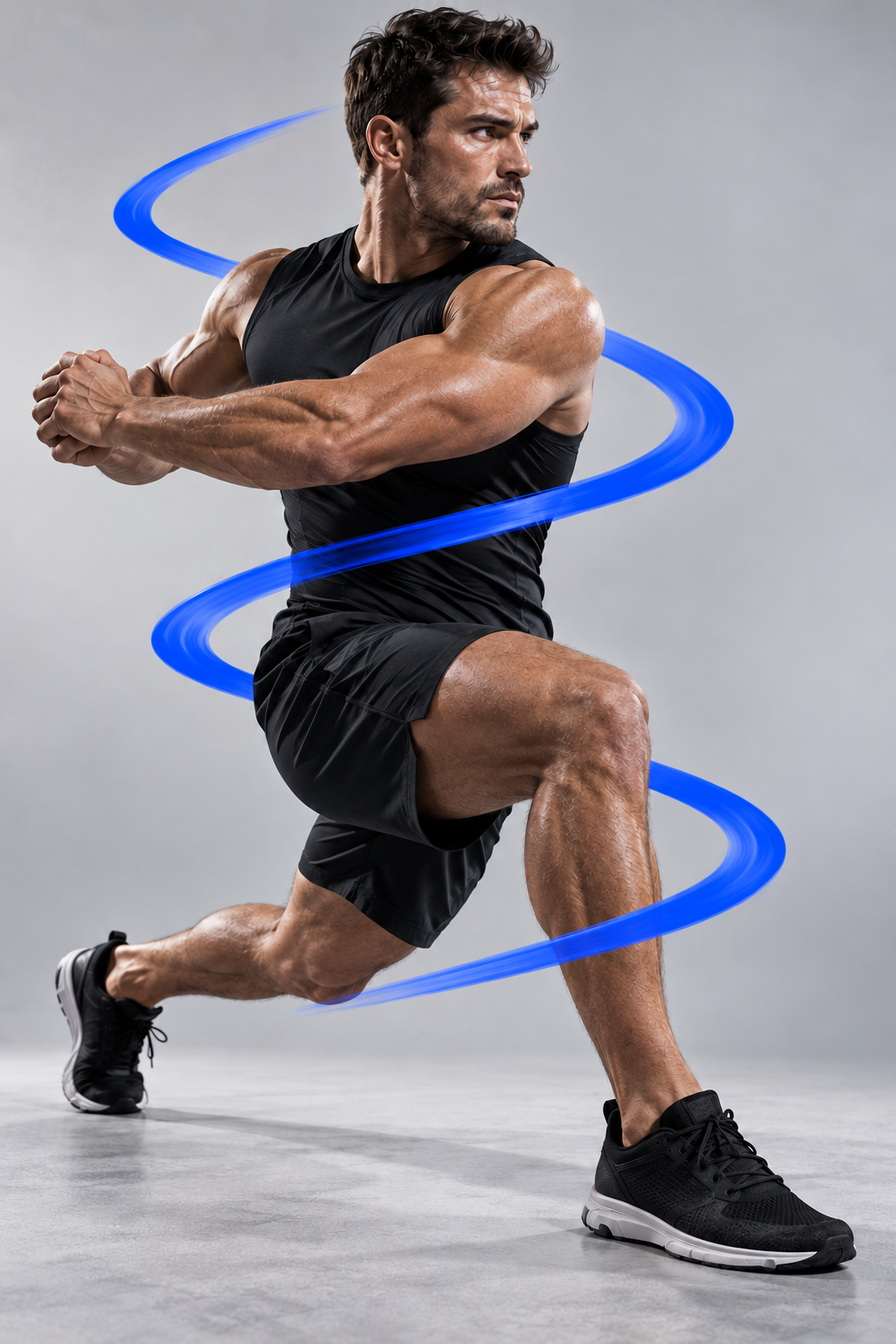 An athlete's torso wound tight, forearms crossed at the chest, coiled before release