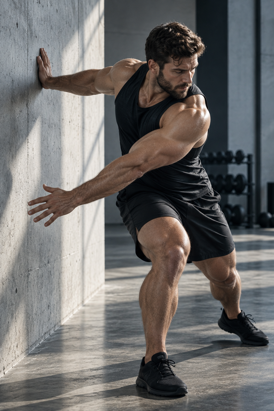 An athlete in a deep spiraling lunge, one hand pressed to a concrete wall and the opposite arm sweeping across the body