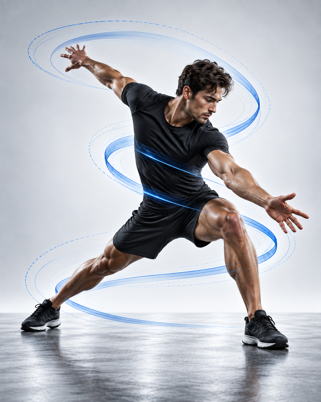 An athlete lunging low with one arm reaching forward, dynamic motion trailing through the movement