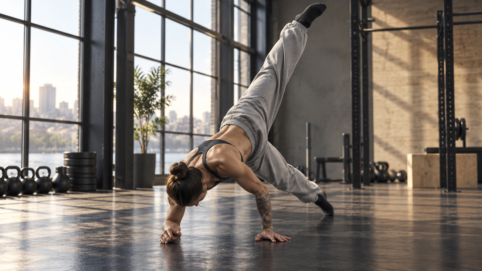 An athlete in a one-arm plank, the opposite leg extended straight up in one long line